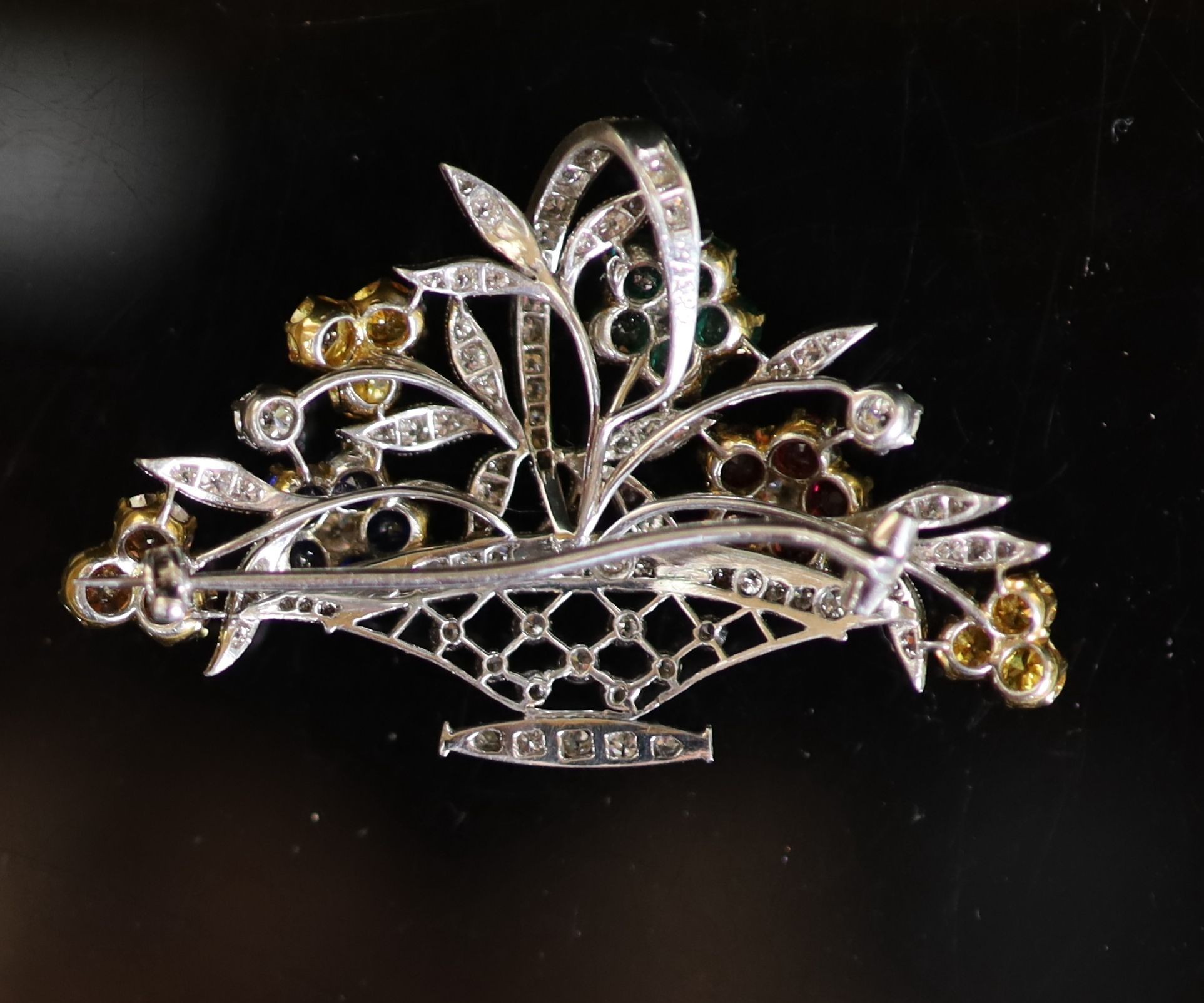 A mid 20th century platinum?, diamond and multi gem set giardinetto brooch
